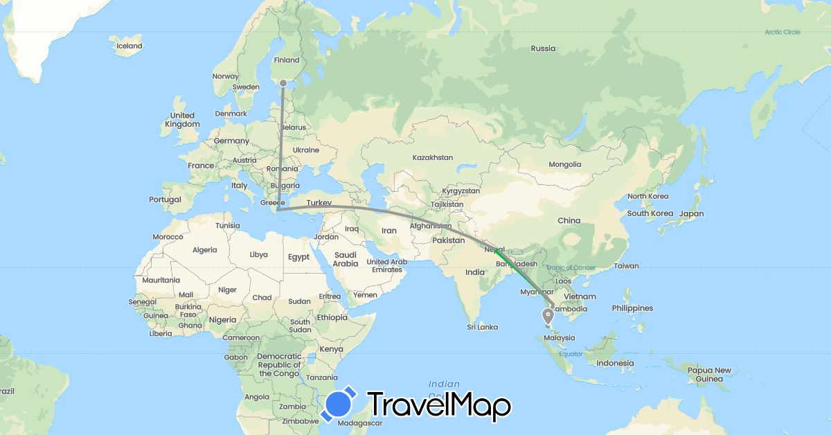 TravelMap itinerary: bus, plane, train, boat in Finland, Greece, Nepal, Thailand (Asia, Europe)